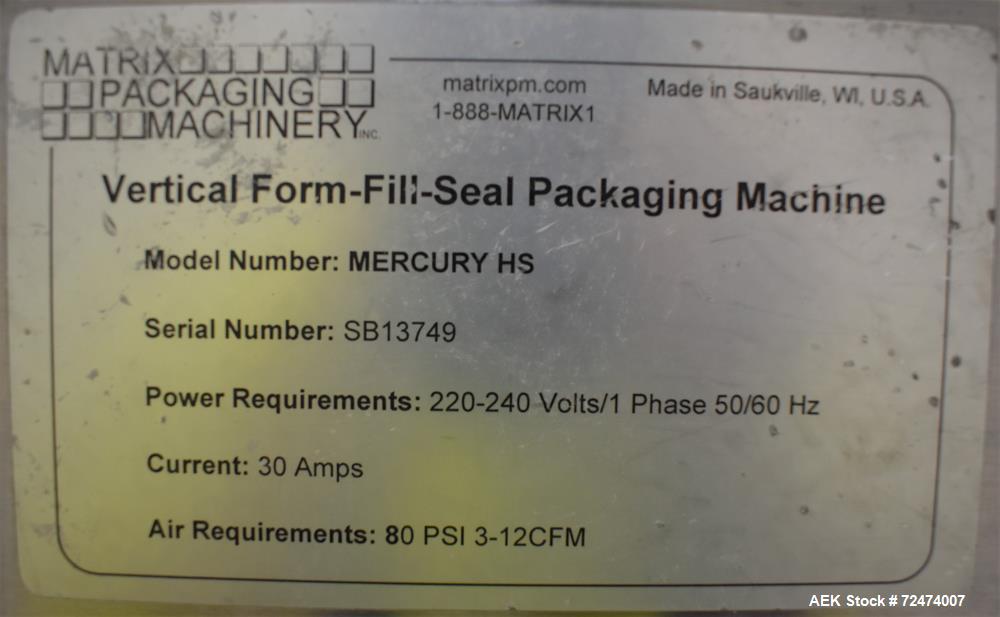 Used- Matrix Packaging Mercury HS High Speed Vertical Form Fill with Gussetting